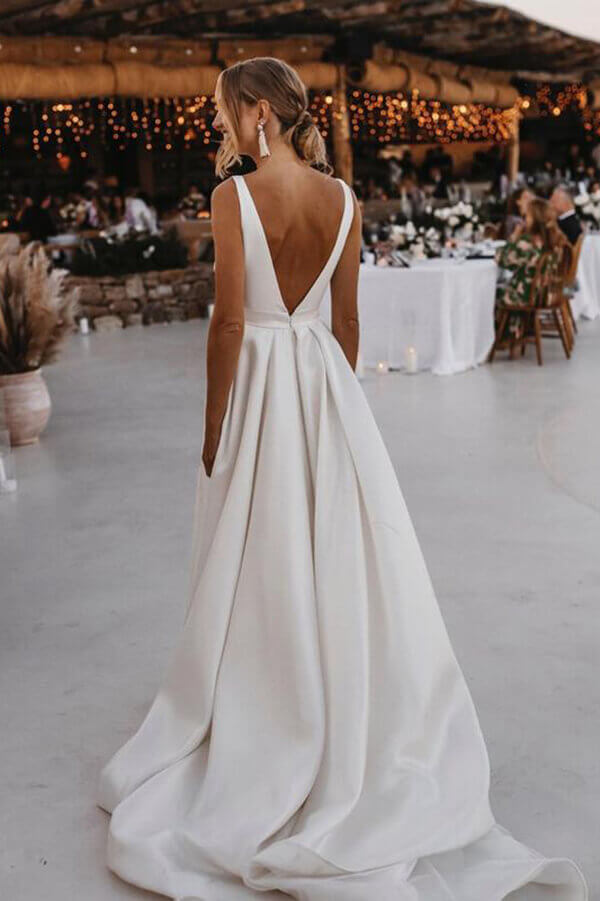 Simple Satin A-line V-neck Court Train Sleeveless Split Wedding Dresses, SW479 | Simidress Simple Satin A-line V-neck Court Train Sleeveless Split Wedding Dresses, SW479 | Simidress