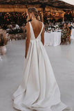 Simple Satin A-line V-neck Court Train Sleeveless Split Wedding Dresses, SW479 | cheap wedding dresses near me | simple wedding gown | bridal dresses | www.simidress.com