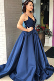Simple Satin A-line V-neck Spaghetti Straps Prom Dresses With Chapel Train, SP722 | blue prom dress | cheap prom dresses | evening gown | www.simidress.com