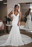 Simple Satin Mermaid V-neck Wedding Dresses With Train, Bridal Gown, SW496