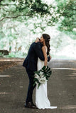 Simple Satin Sheath V-neck Wedding Dresses With Train, Wedding Gown, SW596 | outdoor wedding dresses | bridal style | wedding dress near me | simidress.com