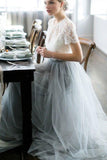 Simple Tulle Lace Two Pieces A-line Scoop Wedding Dresses, Bridal Gown, SW449