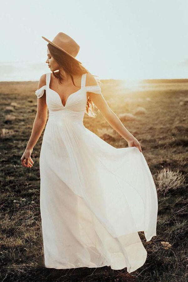 Simple Vintage Ivory Chiffon A-line Floor Length Beach Wedding Dresses, SW481 | chiffon wedding dresses | beach wedding dresses | a line wedding dresses | www.simidress.com