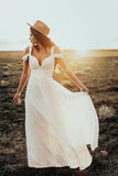 Simple Vintage Ivory Chiffon A-line Floor Length Beach Wedding Dresses, SW481