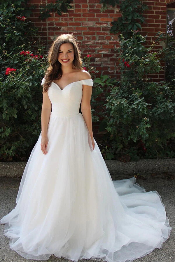 White Tulle A-line Off-the-Shoulder Wedding Dresses SW587 | Simidress White Tulle A-line Off-the-Shoulder Wedding Dresses SW587 | Simidress
