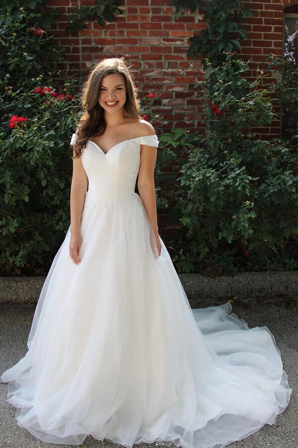 Simple White Tulle A-line Off-the-Shoulder Wedding Dresses, Bridal Gowns, SW587 | tulle wedding dress | a line wedding dress | cheap wedding dresses | simidress.com