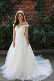 Simple White Tulle A-line Off-the-Shoulder Wedding Dresses, Bridal Gowns, SW587
