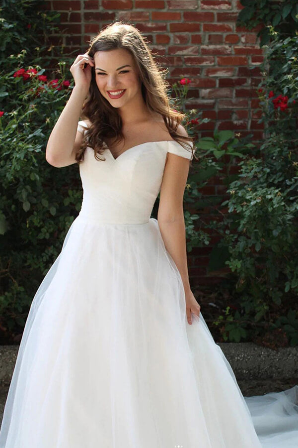 Simple White Tulle A-line Off-the-Shoulder Wedding Dresses, Bridal Gowns, SW587 | vintage wedding dresses | simple wedding dresses | wedding gown | simidress.com