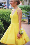 Simple Yellow Satin A-line V-neck Homecoming Dresses, Short Party Dresses SH619 | short prom dresses | cheap homecoming dresses | sweet 16 dresses | simidress.com
