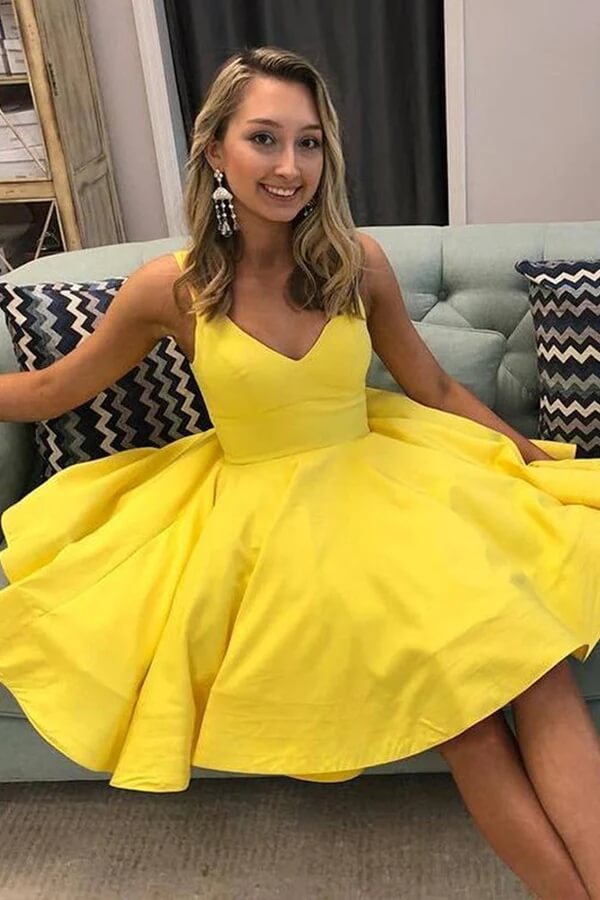 Simple Yellow Satin A-line V-neck Homecoming Dresses SH619 | Simidress Simple Yellow Satin A-line V-neck Homecoming Dresses SH619 | Simidress