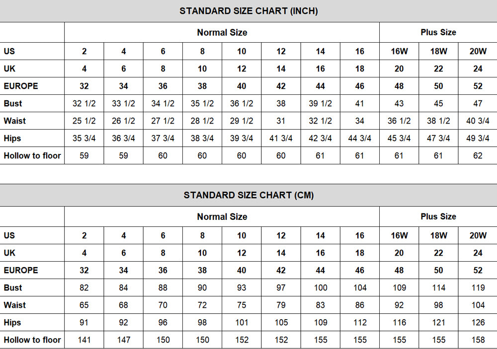Size Chart for wedding dresses at simidress.com