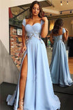 Sky Blue A-line Sweetheart Cape Sleeves Long Prom Dresses With Side Split, SP700 | long formal dresses | long prom dresses | evening dresses | formal dress | www.simidress.com