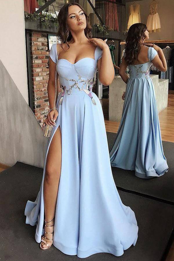 Sky Blue A-line Sweetheart Cape Sleeves Long Prom Dresses With Side Split, SP700 | long prom dresses | sky blue prom dresses | evening gown | www.simidress.com