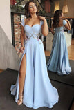 Sky Blue A-line Sweetheart Cape Sleeves Long Prom Dresses With Side Split, SP700