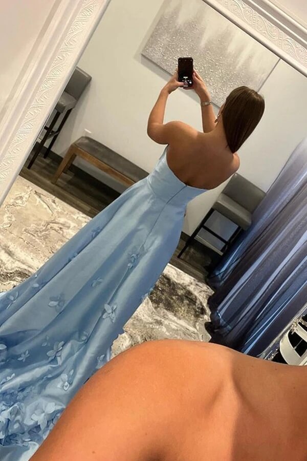 Sky Blue Floral A-line Strapless Off Shoulder Prom Dresses, Formal Dresses, SP808 | satin prom dresses | evening dresses | party dresses | www.simidress.com