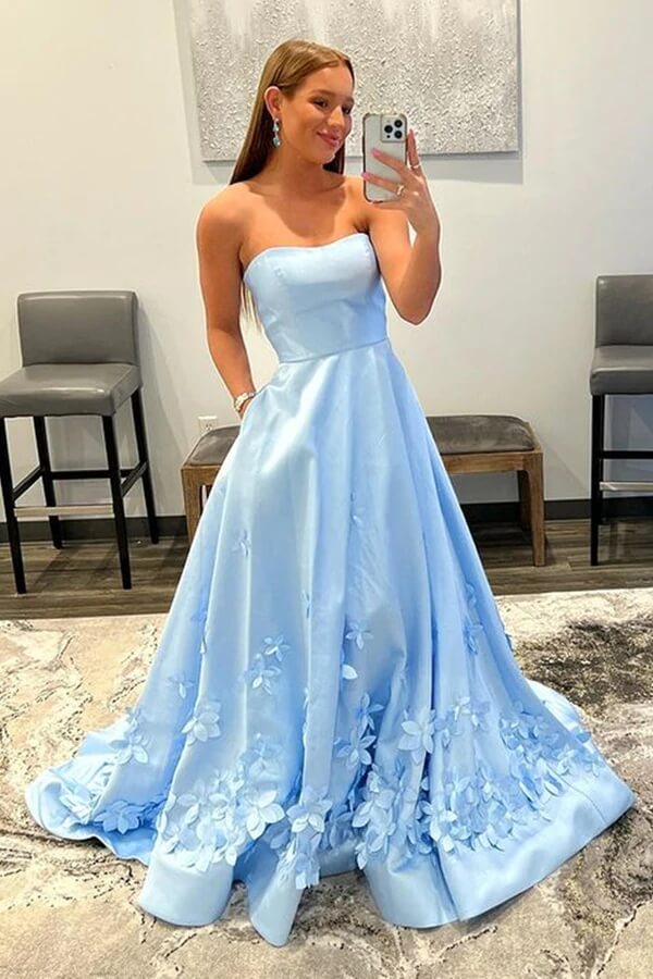 Sky Blue Floral A-line Off Shoulder Prom Dresses SP808 | Simidress Sky Blue Floral A-line Off Shoulder Prom Dresses SP808 | Simidress