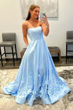 Sky Blue Floral A-line Strapless Off Shoulder Prom Dresses, Formal Dresses, SP808