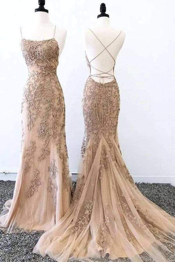 Gold Mermaid Spaghetti Straps Backless Long Prom Dresses Formal Dress, SP356 | lace prom dresses | mermaid prom dresses | cheap prom dresses | long prom dresses | www.simidress.com