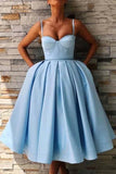 ​Sky Blue Satin A-line Spaghetti Straps Homecoming Dresses With Pockets, SH574 | blue homecoming dress | cheap homecoming dresses | school event dresses | www.simidress.com