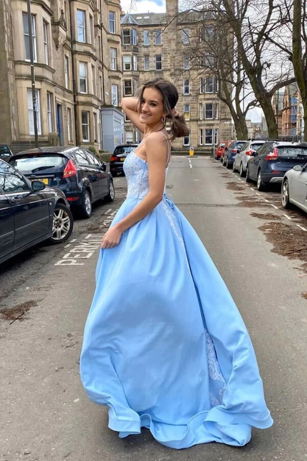 Sky Blue Satin A-line Sweetheart Lace Appliques Prom Dresses, Evening Gown, SP840 | long formal dresses | evening dress | Blue prom dress | simidress.com