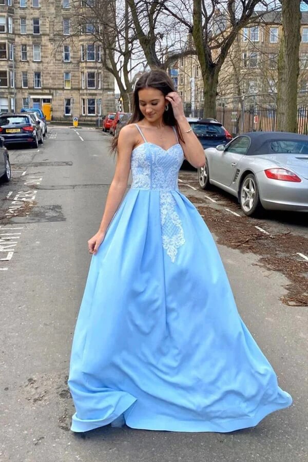 Sky Blue Satin A-line Sweetheart Lace Prom Dresses SP840