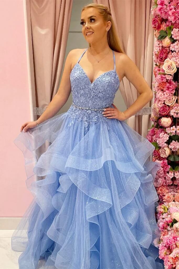 Sky Blue Tiered Tulle Princess Long Prom Dresses With Lace Appliques, SP842 | cheap prom dresses | a line prom dress | blue prom dress | simidress.com