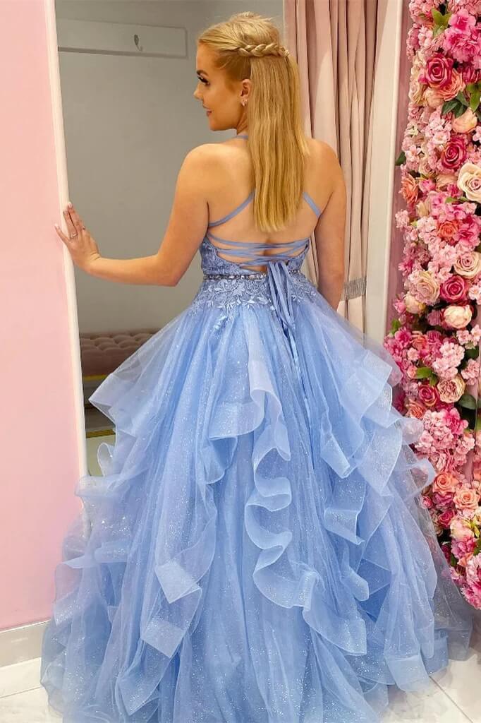 Sky Blue Tiered Tulle Princess Long Prom Dresses With Lace Appliques, SP842 | lace prom dresses | beaded prom dresses | evening gown | simidress.com