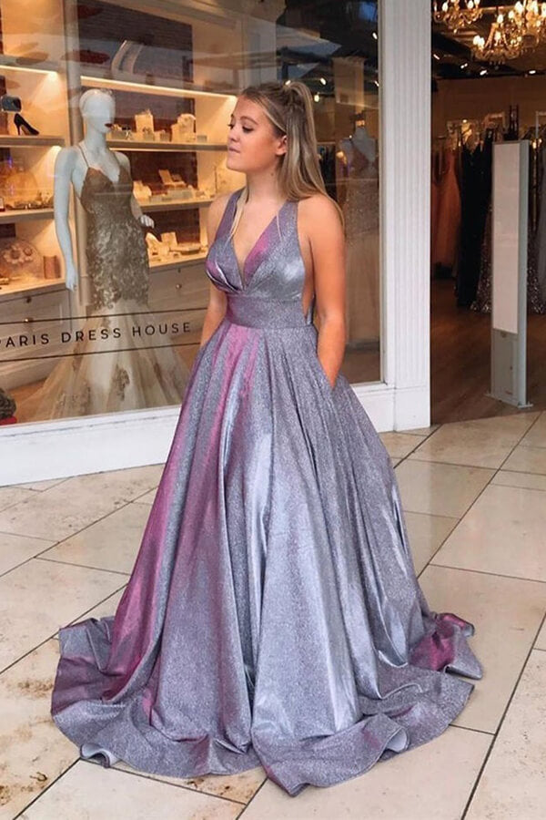 Sparkly A-line V-neck Sleeveless Prom Dresses, Long Formal Dresses, SP736 | sparkly prom dresses | long prom dresses | cheap prom dresses | www.simidress.com