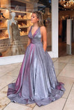 Sparkly A-line V-neck Sleeveless Prom Dresses, Long Formal Dresses, SP736