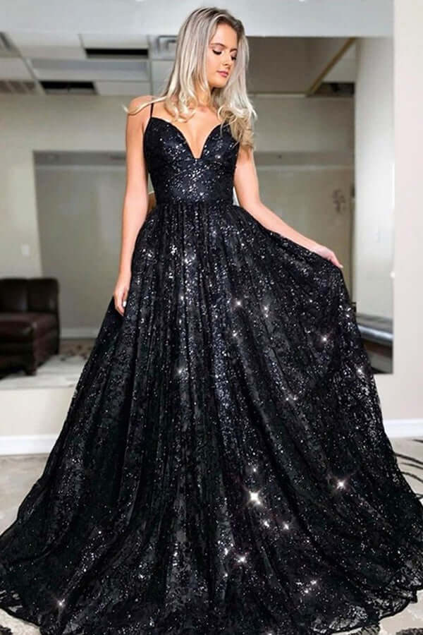 Sparkly Black Sequins Spaghetti Straps Long Prom Dresses, Evening Dress, SP771 | long prom dresses | cheap prom dress | black prom dresses | www.simidress.com