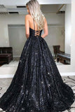 Sparkly Black Sequins Spaghetti Straps Long Prom Dresses, Evening Dress, SP771 | sparkly prom dresses | sequins prom dresses | a line evening dress | www.simidress.com