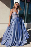 Sparkly Blue A-line Spaghetti Straps Long Prom Dresses with Appliques, SP716