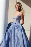 Sparkly Blue A-line Spaghetti Straps Long Prom Dresses with Appliques, SP716 | a line prom dresses | blue prom dress | evening gown | www.simidress.com
