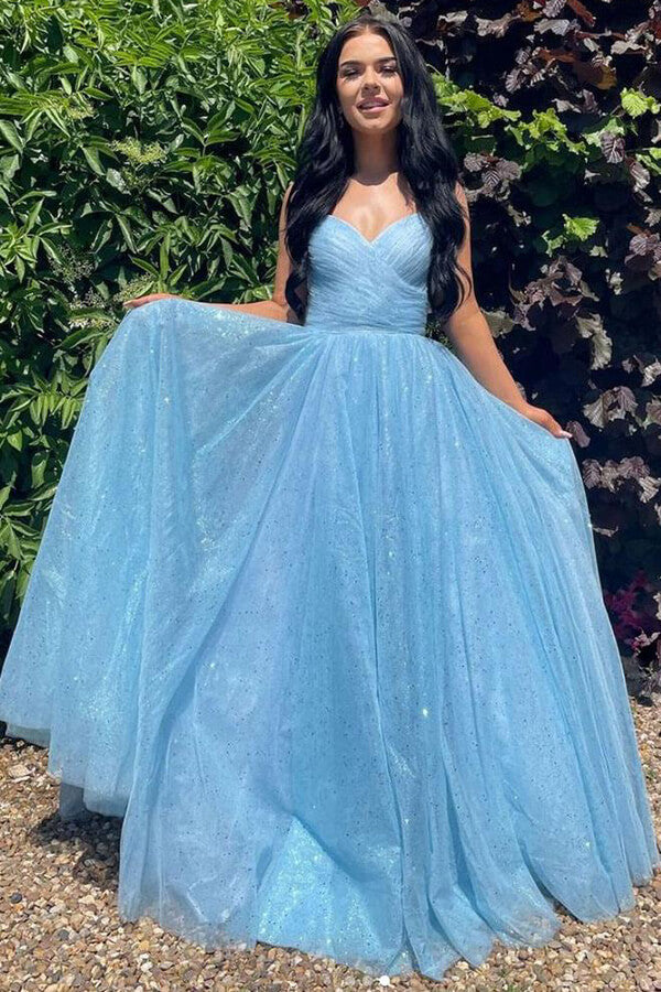 light blue prom dress sparkly Sparkly Blue A line V-neck Lace up Long Prom Dresses SP752