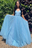 Sparkly Blue A line V-neck Lace up Long Prom Dresses, Evening Gown, SP752