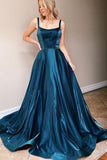 Sparkly Blue Satin Square Neck Long Prom Dresses, Simple Evening Gown, SP728 | blue prom dress | cheap prom dresses | evening gown | www.simidress.com