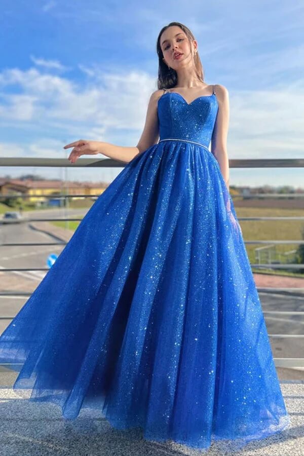 Sparkly Blue Tulle A-line Spaghetti Straps Prom Dresses, Evening Dresses, SP910 | cheap prom dresses | a line prom dress | party dress | simidress.com