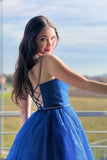 Sparkly Blue Tulle A-line Spaghetti Straps Prom Dresses, Evening Dresses, SP910 | simple prom dresses | cheap long prom dresses | party dress | simidress.com