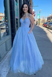 Sparkly Blue Tulle A-line Spaghetti Straps Prom Dresses, Evening Gown, SP741