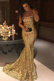 Sparkly Gold Mermaid Off Shoulder Strapless Prom Dresses, Evening Gown, SP755