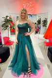Sparkly Green Tulle Lace Appliqued Prom Dresses With Split, Evening Dress, SP794