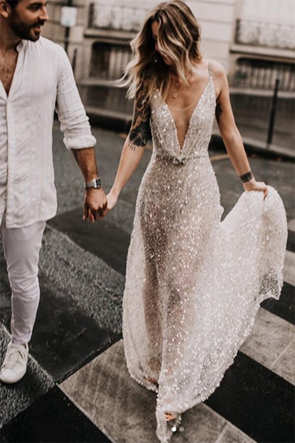 sparkly beach wedding dresses A Line Backless Beach Wedding Dress V Neck Sequins Ivory Wedding Gowns APD3279