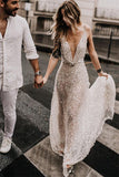 Sparkly Lace A-line Open Back Deep V-neck Beach Wedding Dresses, SW478
