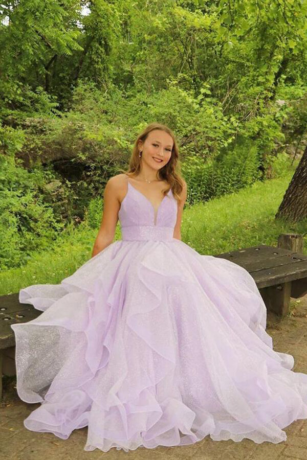 strapless open back dress Sparkly Lavender Tulle A-line V-neck Long Prom Dress SP719