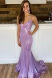 Sparkly Lilac Mermaid Pleated V-neck Long Prom Dresses, Evening Gown, SP714
