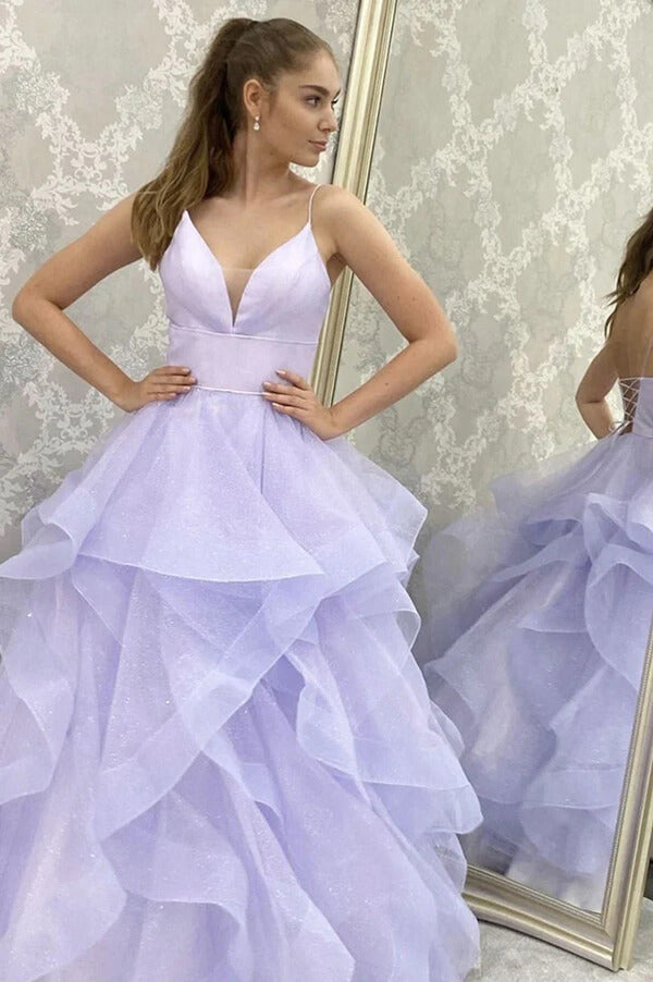 Sparkly Purple Tulle A-line V-neck Long Prom Dresses SP857 | Simidress Sparkly Purple Tulle A-line V-neck Long Prom Dresses SP857 | Simidress
