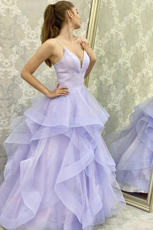 Sparkly Purple Tulle A-line V-neck Long Prom Dresses, Evening Gowns, SP857 | lilac prom dress | long formal dresses | evening dresses | simidress.com