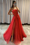 Sparkly Red Tulle A-line Sweetheart Lace Prom Dresses, Evening Dresses, SP944