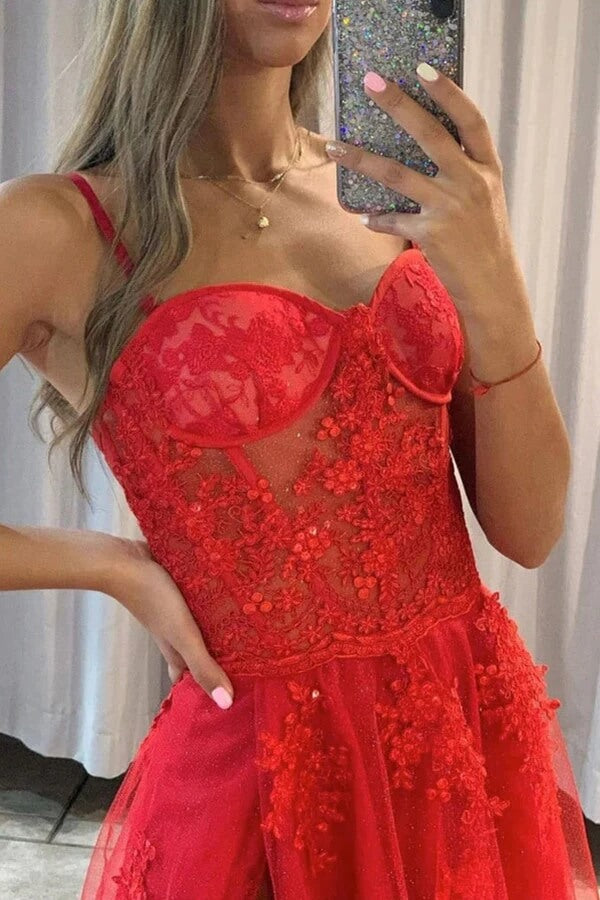 Sparkly Red Tulle A-line Sweetheart Lace Prom Dresses, Evening Dresses, SP944 | tulle prom dress | prom dress for teens | long formal dress | simidress.com
