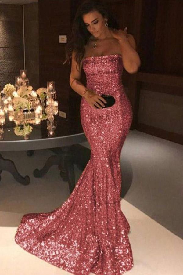 Sparkly Rose Mermaid Off-the-Shoulder Sequins Prom Dresses, Evening Dress, SP699